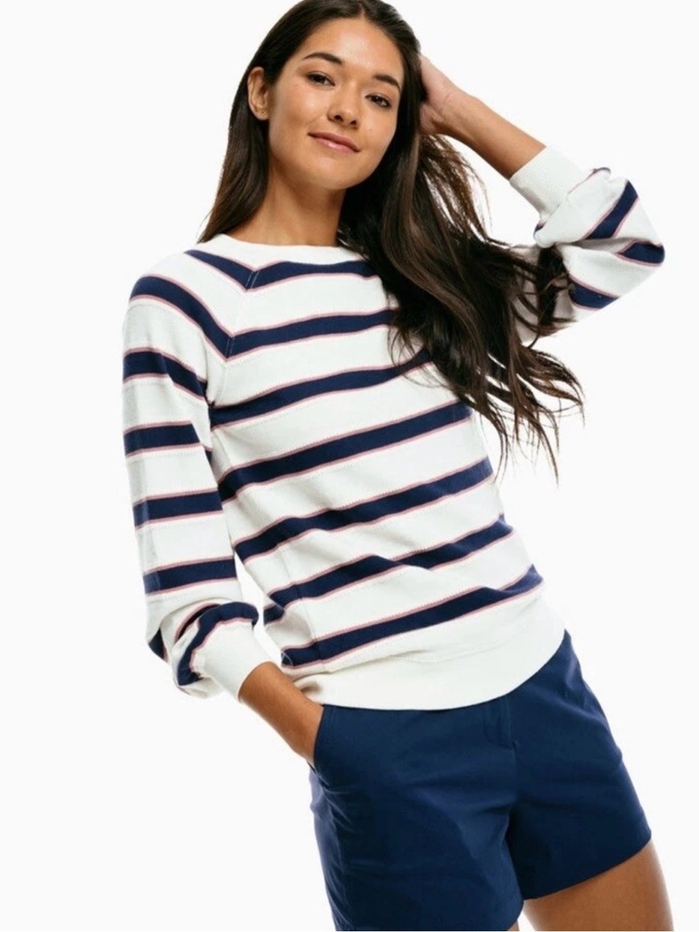 Southern Tide White Crewneck Sweatshirt with Navy Stripes